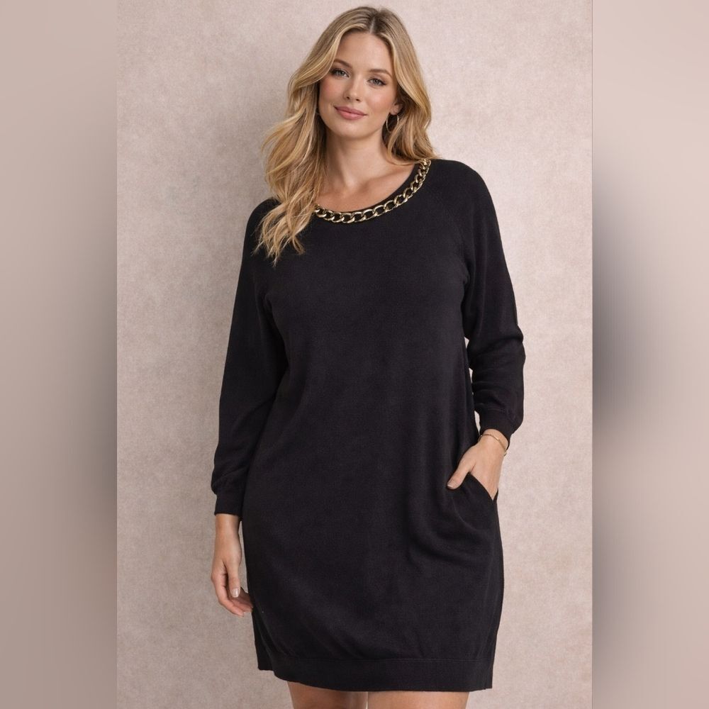 H Halston Sweater Midi Dress Plus Size 2X Black Gold Chain Long Sleeve Office